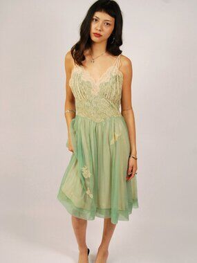 60s Fairy Slip Dress (M) medium sage green beige vintage midi pinup princess ren